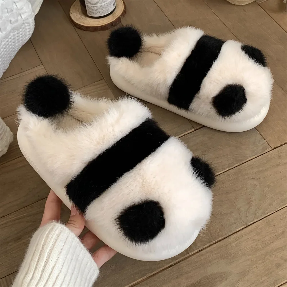 

Winter Indoor Cute Cartoon Panda Slippers Women Flats Furry Home Cotton Shoes Men Couples Bedroom Warm Plush Non-slip Slides