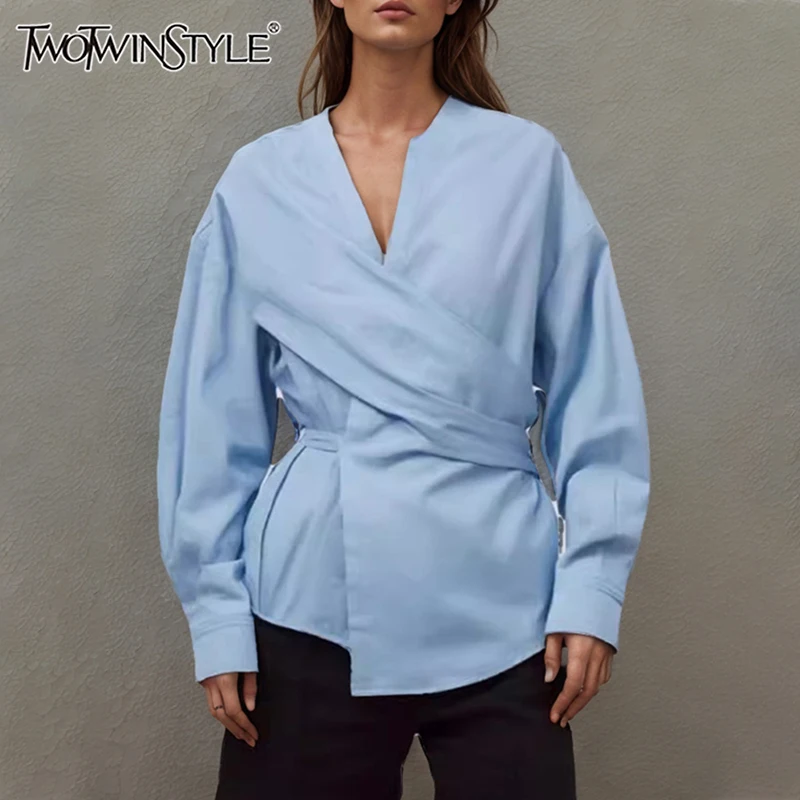 

TWOTWINSTYLE Solid Temperament Blouse For Women V Neck Long Sleeve Tunic Slim Asymmetrical Shirts Female Fashion Style Clothes