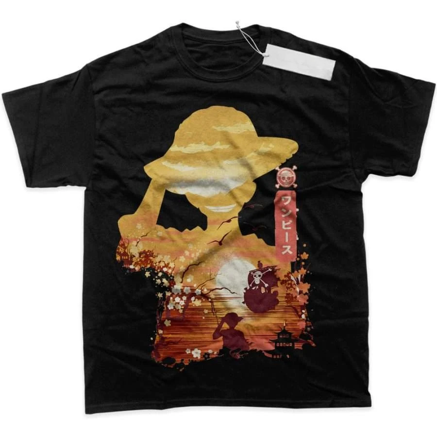 Herren T-Shirt Herren Sport-T-Shirt Herren Kurzarm-T-Shirt Anime One Piece Luffy Winkendes Strohhut-Schiff Sonnenaufgang-Muster