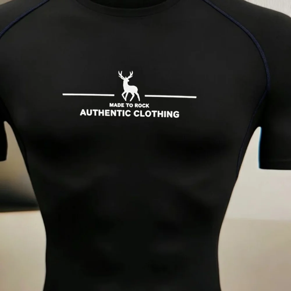Men's White Deer Print Compression Shirt, Quick Dry Black/Navy Blue Fitness Tight Top, Stretch Rash Guard for Gym & Workout