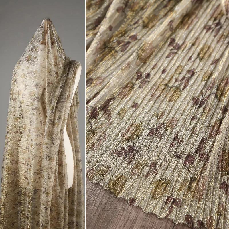 

Плиссированная сетчатая ткань с золотой нитью и цветочным принтом, текстура в стиле ретро, художественное женское платье для французского творчества, короткие топы, ткань для дизайна одежды