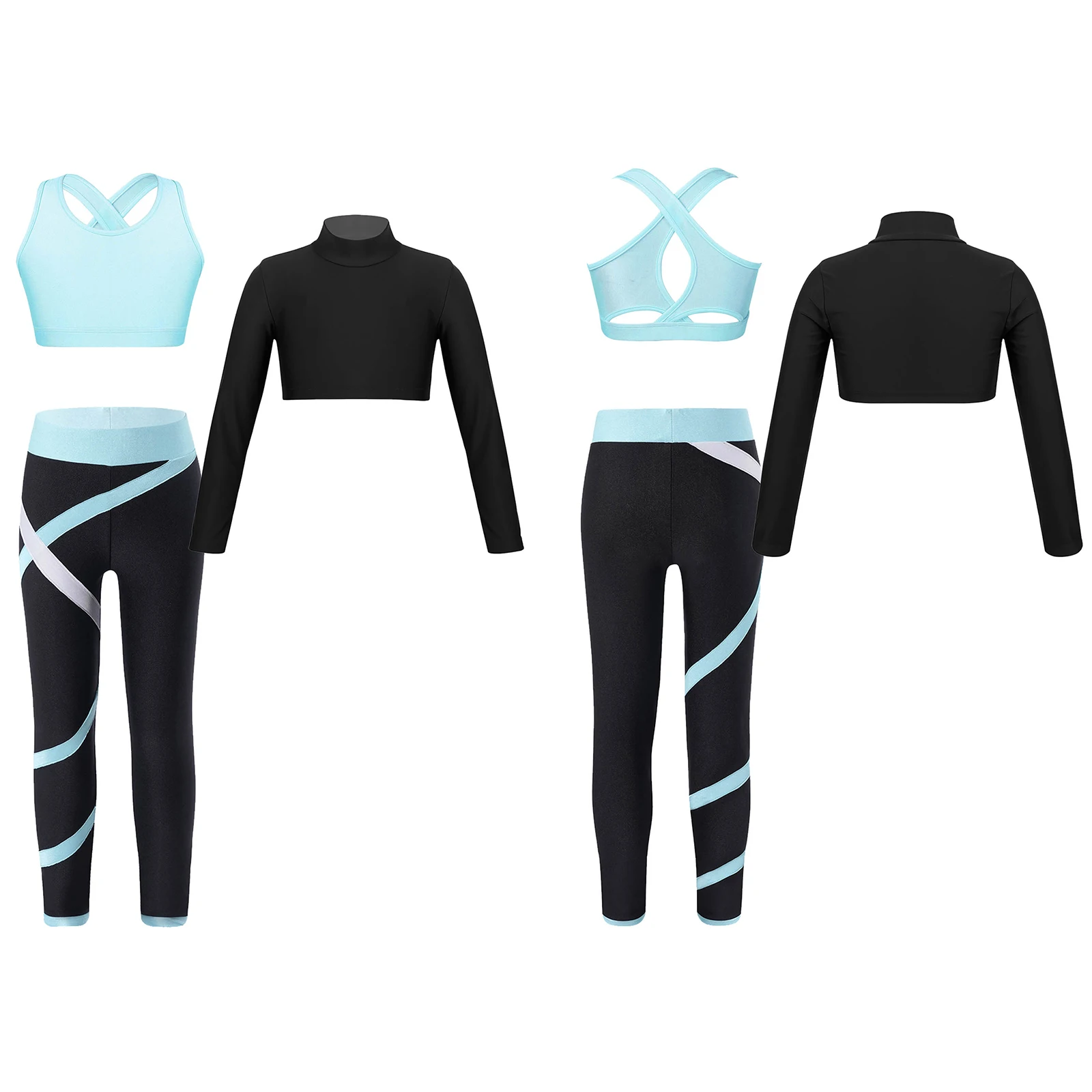 Kids Girls Sports Yoga Running Sets Long Sleeve Crop Top with Sleeveless Bra Top+Colorblock Leggings Workout Fitness Tracksuits