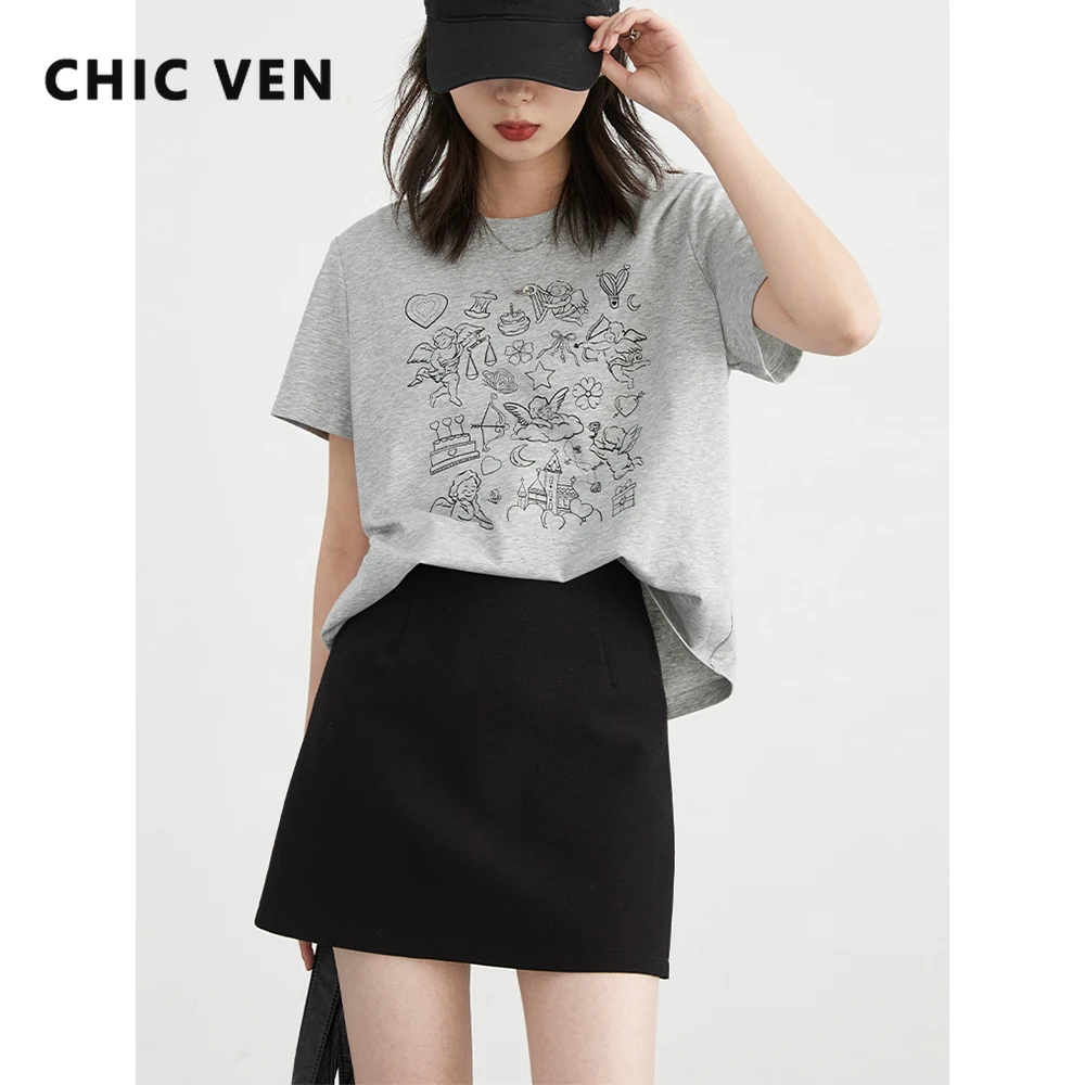 

CHIC VEN Women T-Shirts Loose New Korean O Neck Short Sleeve Printed Tees Slim Female Top Summer 2024