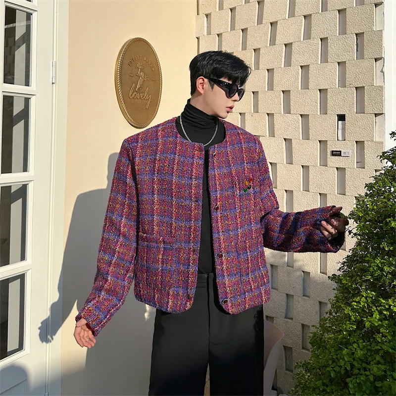 

Korean Sle Vintage Purple Tweed Jaet round Ne ex Autumn Winter ort Svel Top Faion Urban Youth Wear