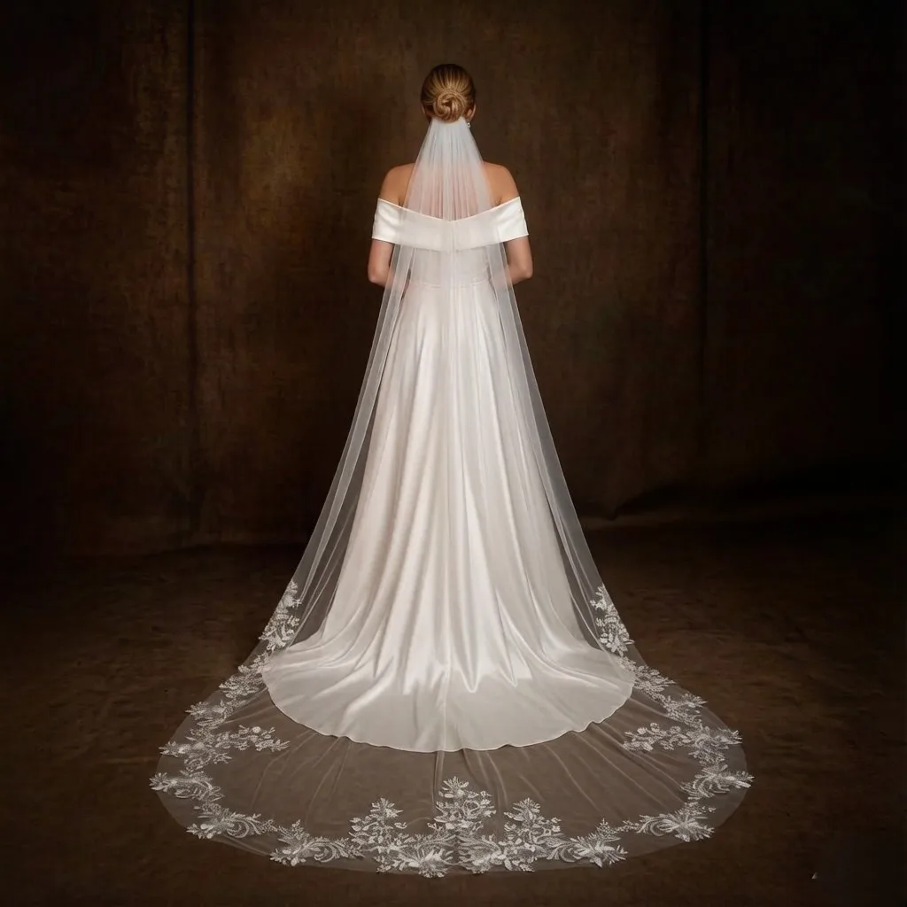 

Cathedral Long Train Bridal Veil Elegant Lace Appliques Wedding Veil 1Layer Whit Comb White Ivory Wedding Accessories G54