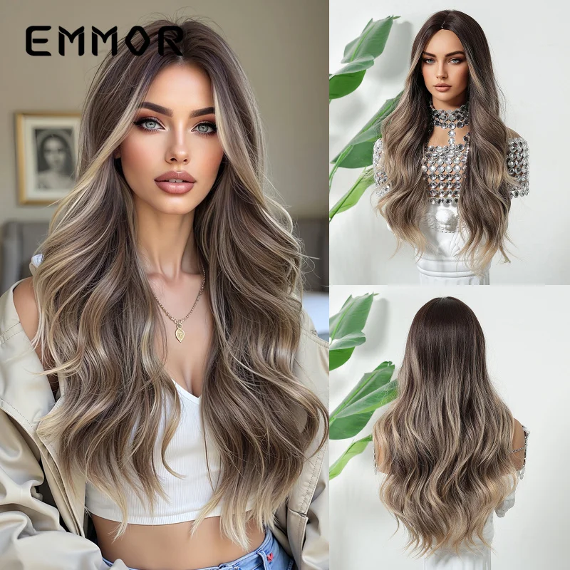New for women, middle-parted gradient brown long curly hair, big waves, full head wig