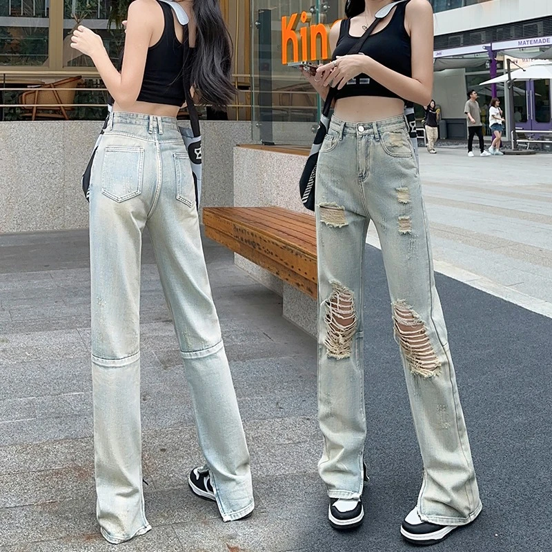 

2025 American High Street Trend Hot Girl Vintage Distressed Ripped Jeans with Zipper Design Straight Leg Pants