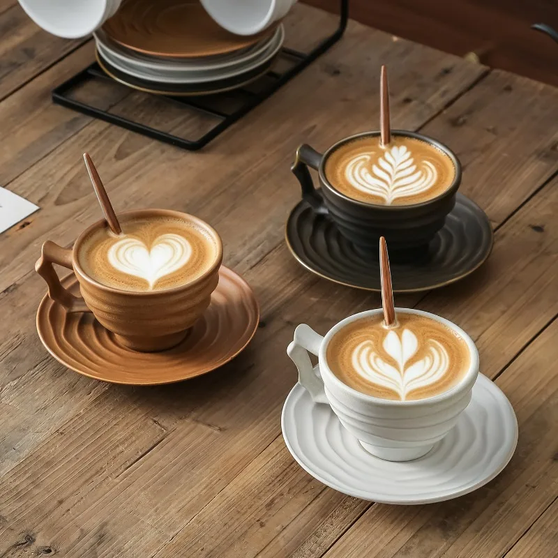 Wabi Sabi Style Threaded Ceramic Coffee Cup Set Retro Kiln Style Latte Cup Afternoon Tea Coffee Utensil Latte Cup
