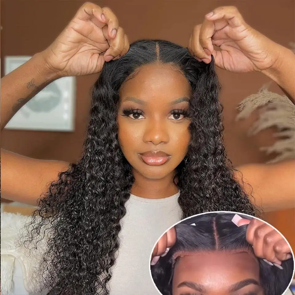 Wig Rambut Asli Tanpa Lem 6x4 Lace Closure Siap Pakai, Wig Rambut Asli Deep Wave Pre Cut Deep Curly Tanpa Lem 5x5 Lace Closure