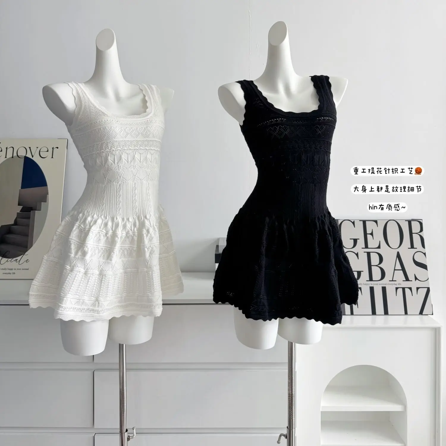 

Trend Knit Hollow-out Jacquard Black White Mini Dress Women Summer Dress Square Neck Sexy Sweet Design Dresses A-line Chic