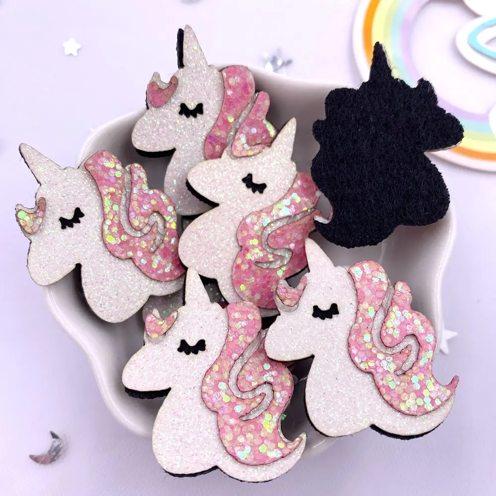 10pcs Felt Fabric Colorful Glitter Bepowder Cartoon Kawaii Unicorn Patch Applique Sewing DIY Hair Bow Accessories Craft Supplies