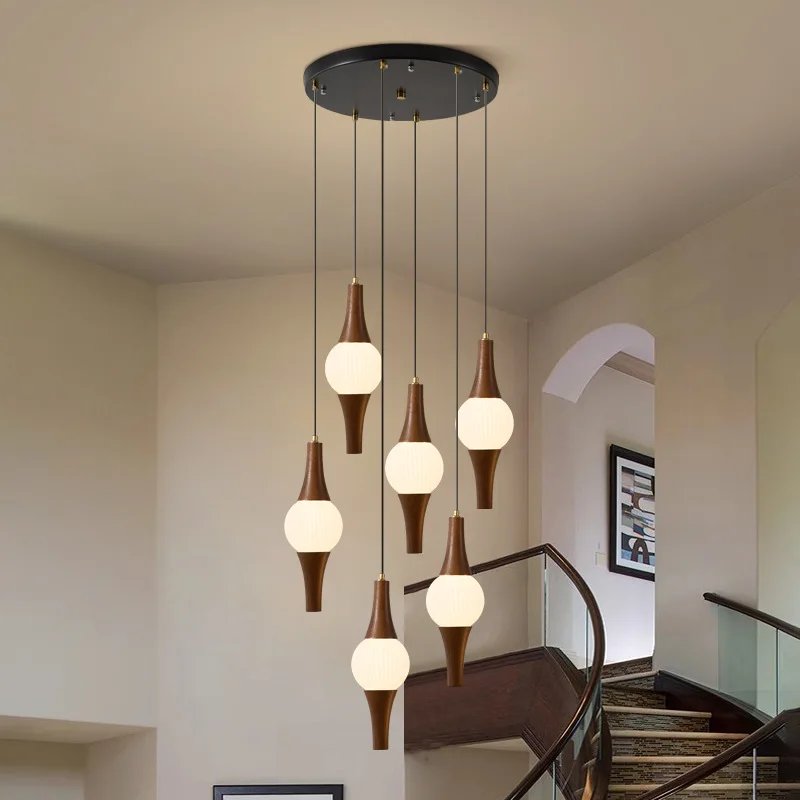 Mid Century Moder Glass Chandelier Rotate Staircase 6 Head Pendant Lights High Ceiling Living Room Foyer Entryway Vintage Villa