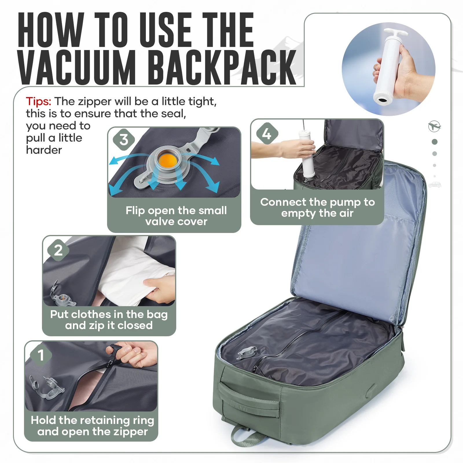 حقيبة ظهر محمولة معتمدة من Ryanair مقاس 40 × 30 × 20 حقيبة ظهر للسفر وضغط مفرغ لحقيبة الظهر مع مضخة يدوية وحقيبة تخزين مفرغة