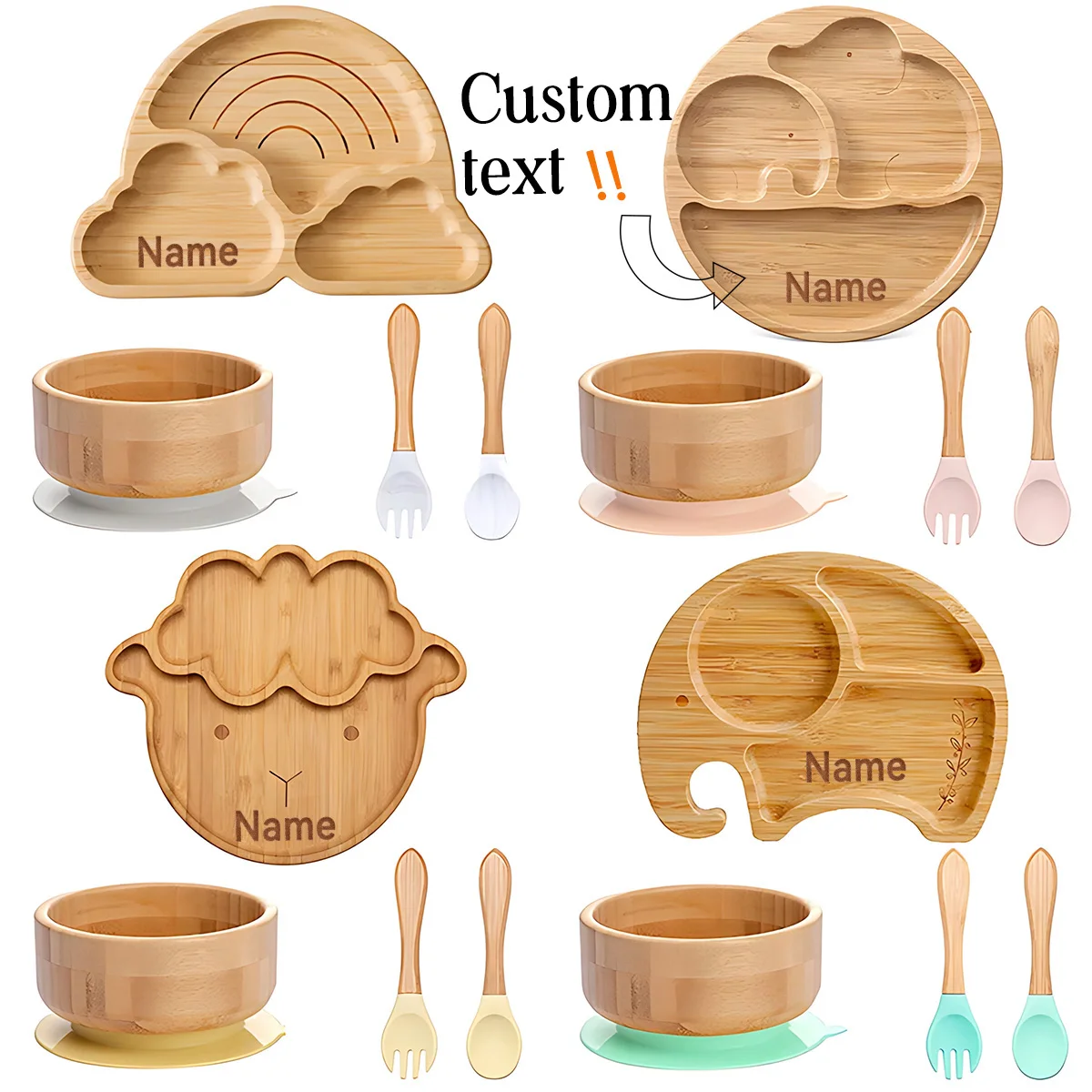 4pcs Bamboo Plate Sets Customized Baby Feeding Bowl Car Cloud Shaped Plate Spoon Fork Tableware Suction Plate Bowl Feeding Set