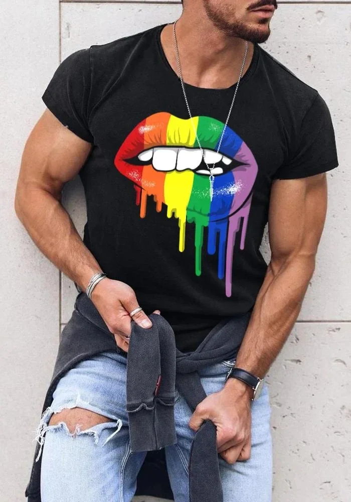 

2023 Summer Men's Printed Casual Crew Neck Short Sleeve T-Shirt Rainbow Lip Print T-Shirt-Lip 3D Printed T Shirt