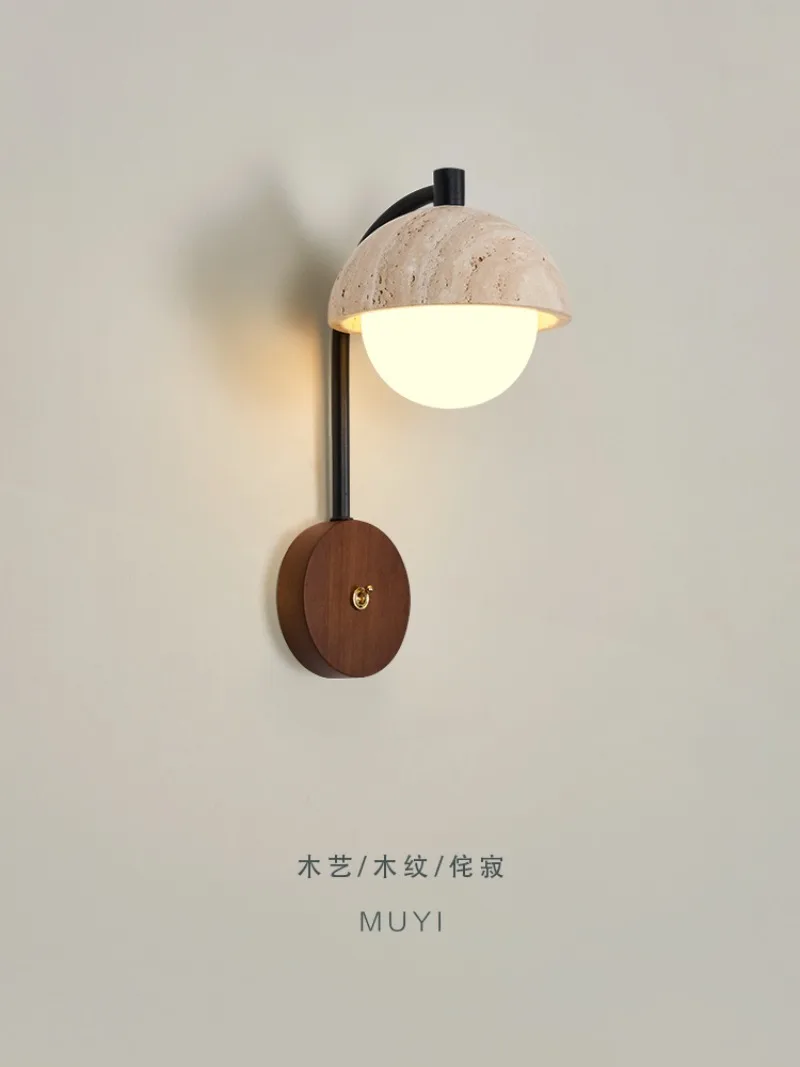 Yellow travertine bedside wall lamp retro walnut living room background wall lamp Japanese wabi-**** wind decorative lamp Zhongs