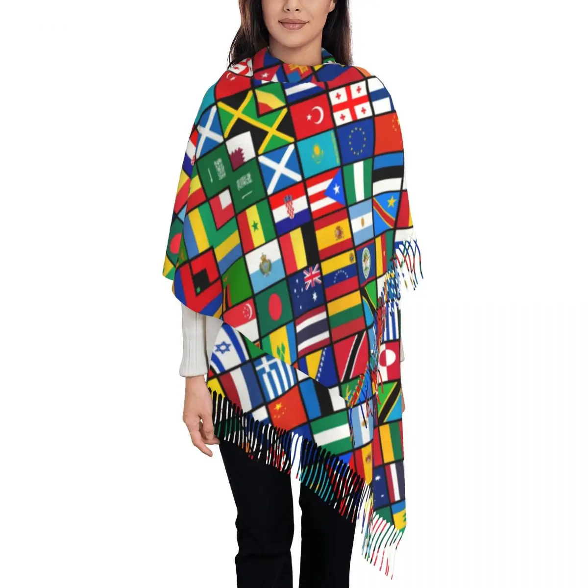 Flags Of The Countries Of The World Scarf Women Stylish Winter Wrap Shawl Informative Gift Tassel Wraps