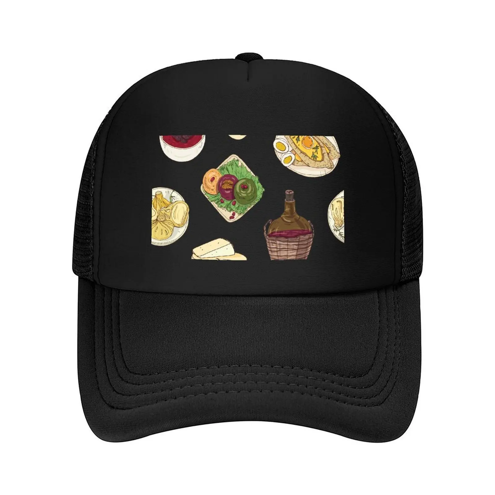 

Assorted Georgian Food Pattern - Khachapuri, Khinkali, Badrijani, Dolma, Kharcho, Wine and Cheese Baseball Cap