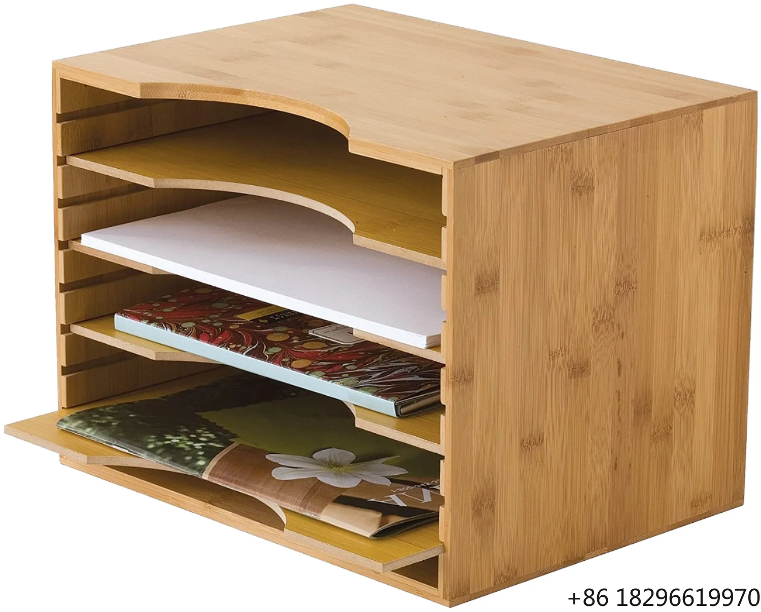 Modern Bamboo Eco-Friendly Makeup Desk Organizer Desktop Paper Sorter Letter Trays Mail Organizer 5 Dividers Top Storage