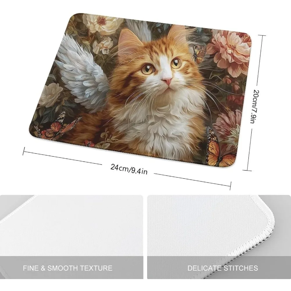 Mouse pad com design de gato alado laranja e branco – acessório de mesa compacto para escritório e laptop, base de borracha antiderrapante, adequado para