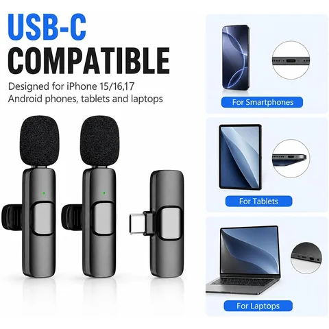 Wireless Lavalier Microphone For iPhone 15/16/17 Series Android Devices Noise…