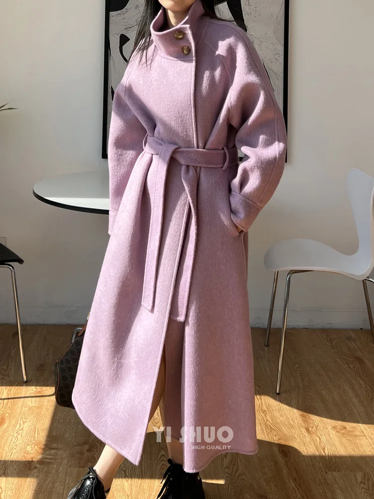 Elegant Double-sided Wool Coat Long Women Temperament Stand Collar Belt Long Mulberry Silk Woolen Coat Fashion Autumn Winter