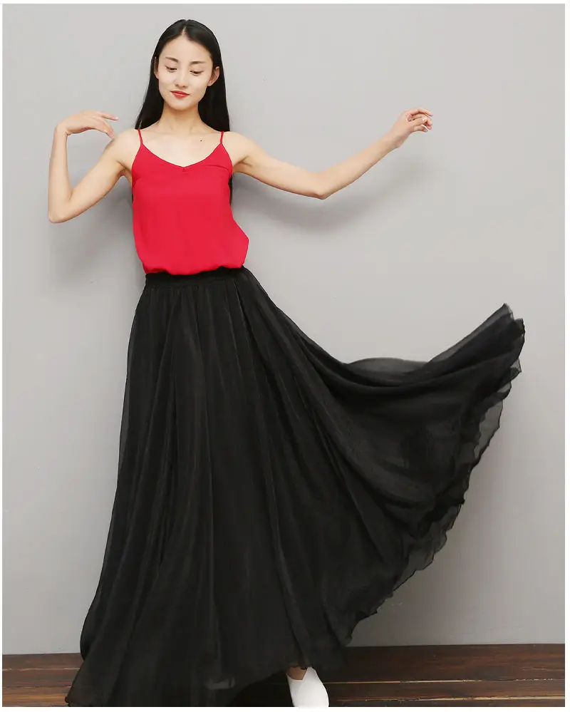 Spring Summer Skirt 3 Layer Chiffon Long Skirts For Women Elegant Casual High Waist Boho Beach Maxi Skirts Saias Femme 85/95cm