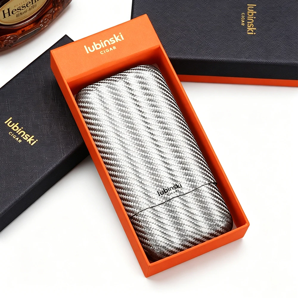 

LUBINSKI Cigar Case Travel Carbon Fiber Portable Fit 2/3 Ct Outdoor Humidor Cigar Storage Box With Gift Box Packaging