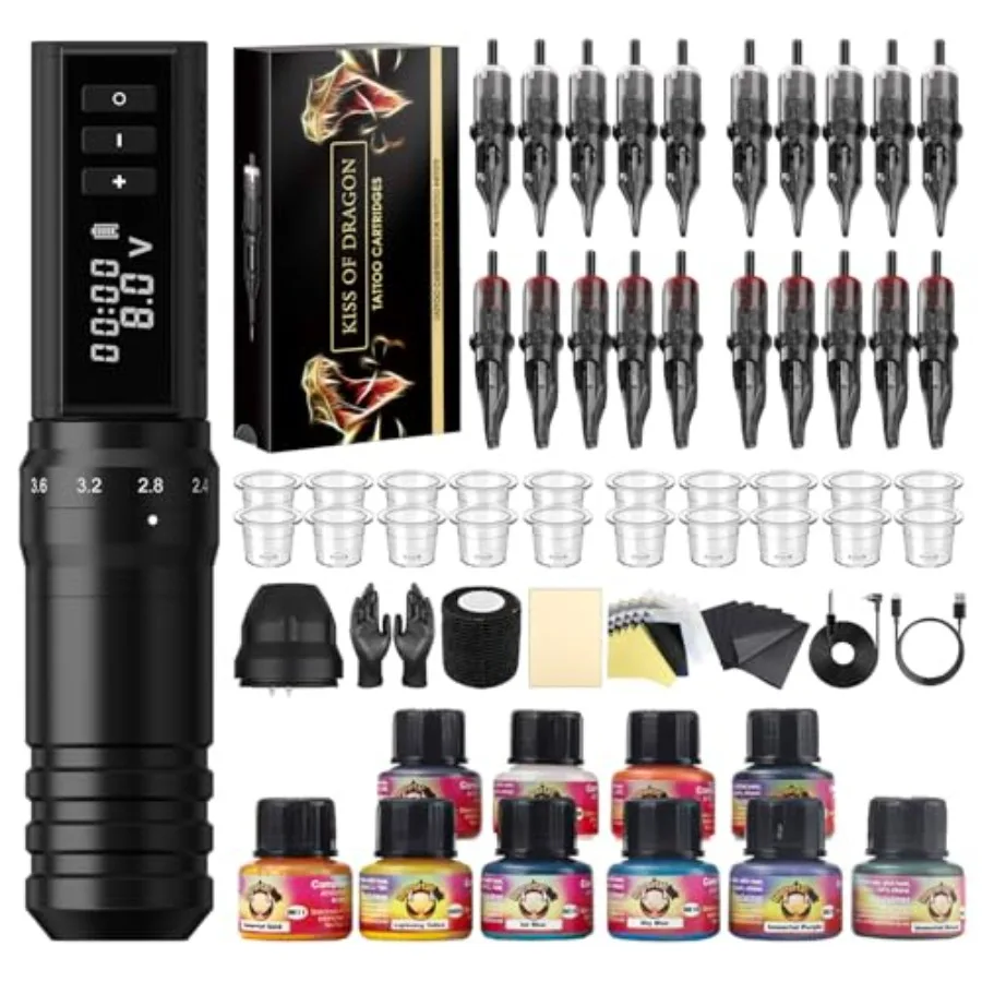 

Cordless/Cord Complete Tattoo Gun Kit Pen Machine with 6 Strokes Length 2 400mAh Power Supply Extra Battery RCA Jack Part Black