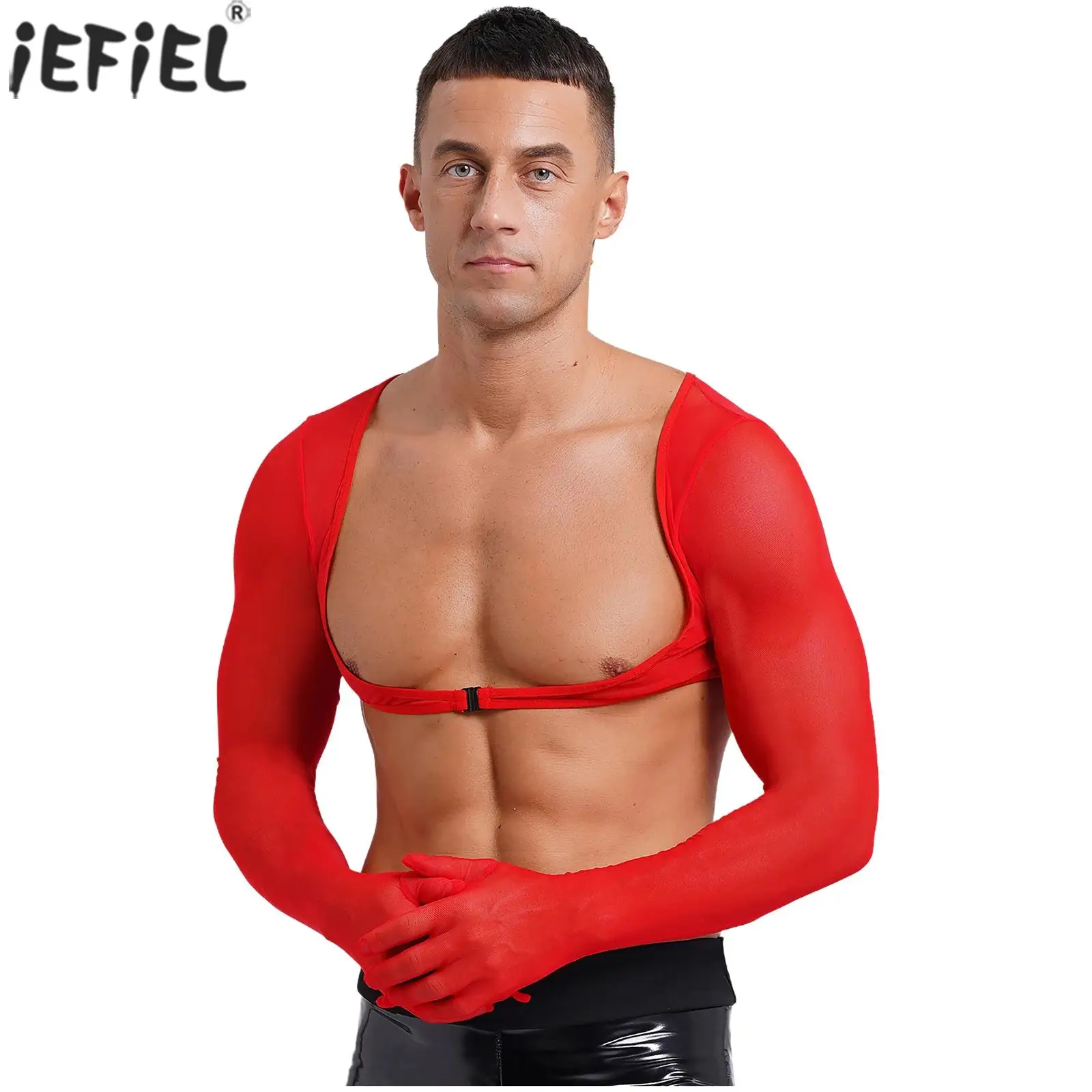 

Mens Underwear See-through Mesh Gloves Tank Tops Sun Protection Long Sleeve Open Front Buckle Solid Color Cropped Top Clubwear