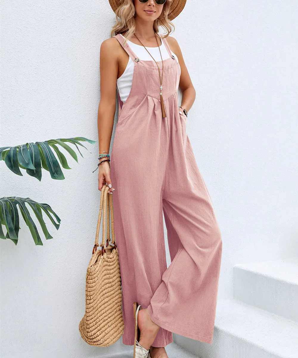 Women Spring Summer Solid Color Suspenders Overalls Casual Strappy Trousers Women's Loose Wide Leg Flared Leg Pants Jumpsuit