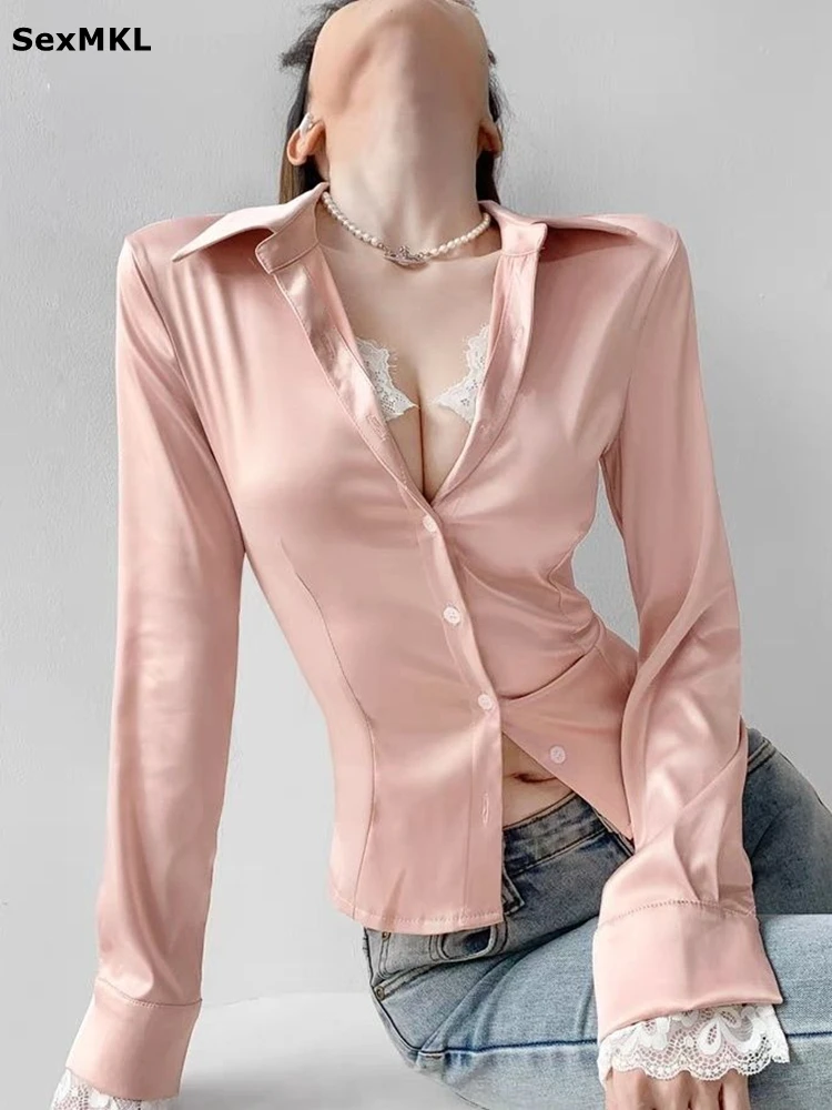 

Streetwear White Stain Shirts Casual Long Sleeve Lace Patchwork Korean Y2k Clothes Slim Sexy Ladies Pink Crop Tops Black Blouses