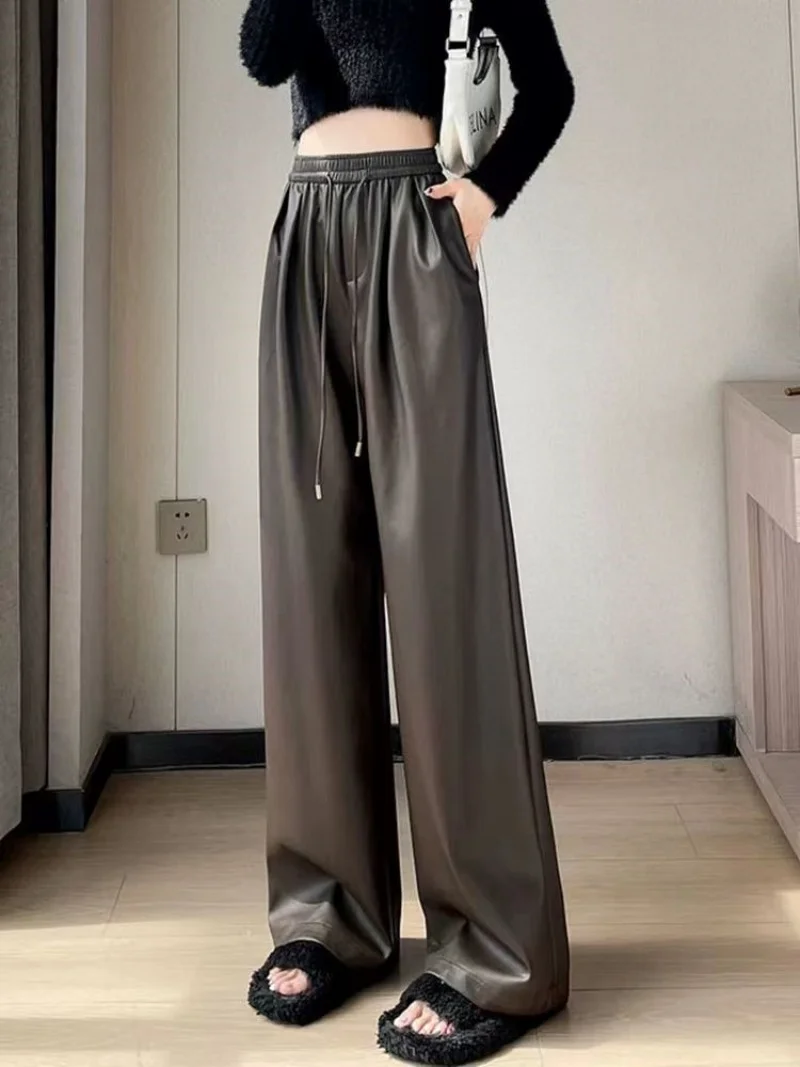 Women's Leather Pants PU Pants High Quality Thickened Warm Wide-leg Pants High-waisted loose fashionable elasticated waist