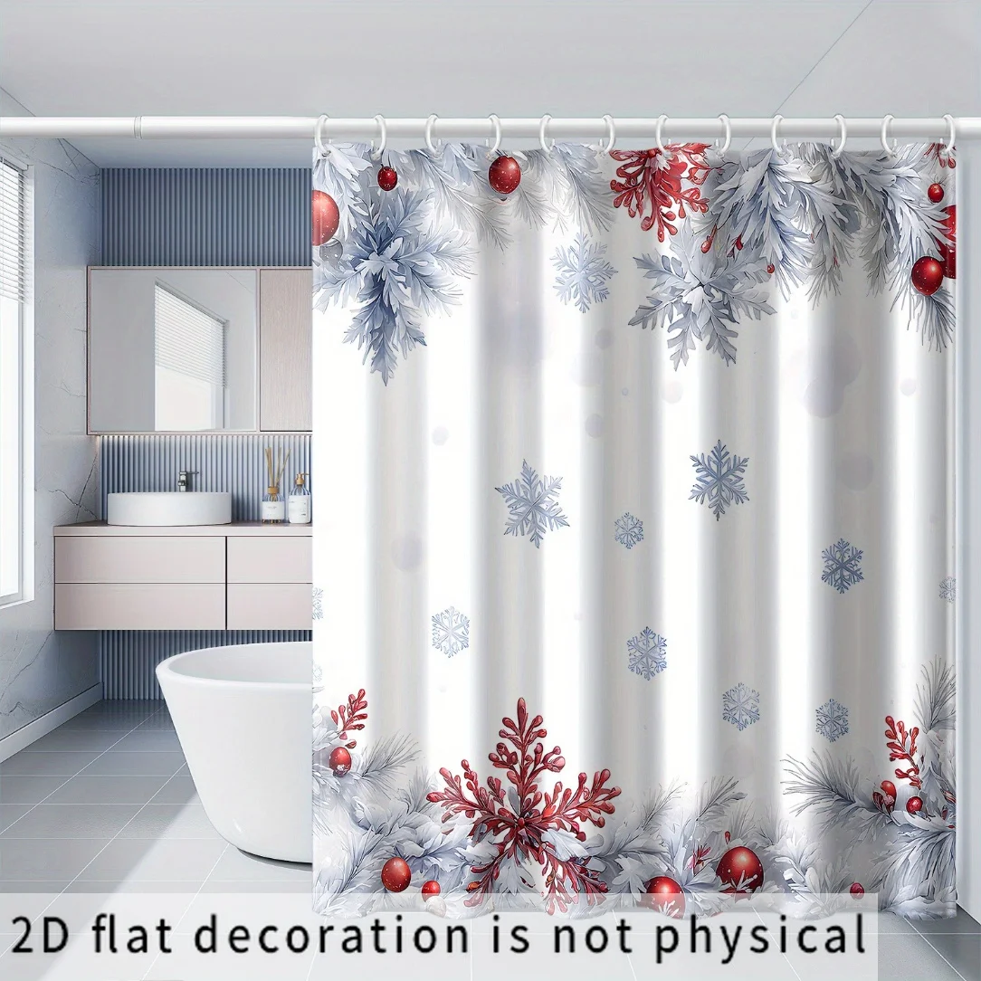 Premium Polyester Christmas Shower Curtain Winter Snowflake Pine Branch Bath Liner Waterproof Bathroom Holiday Decoration