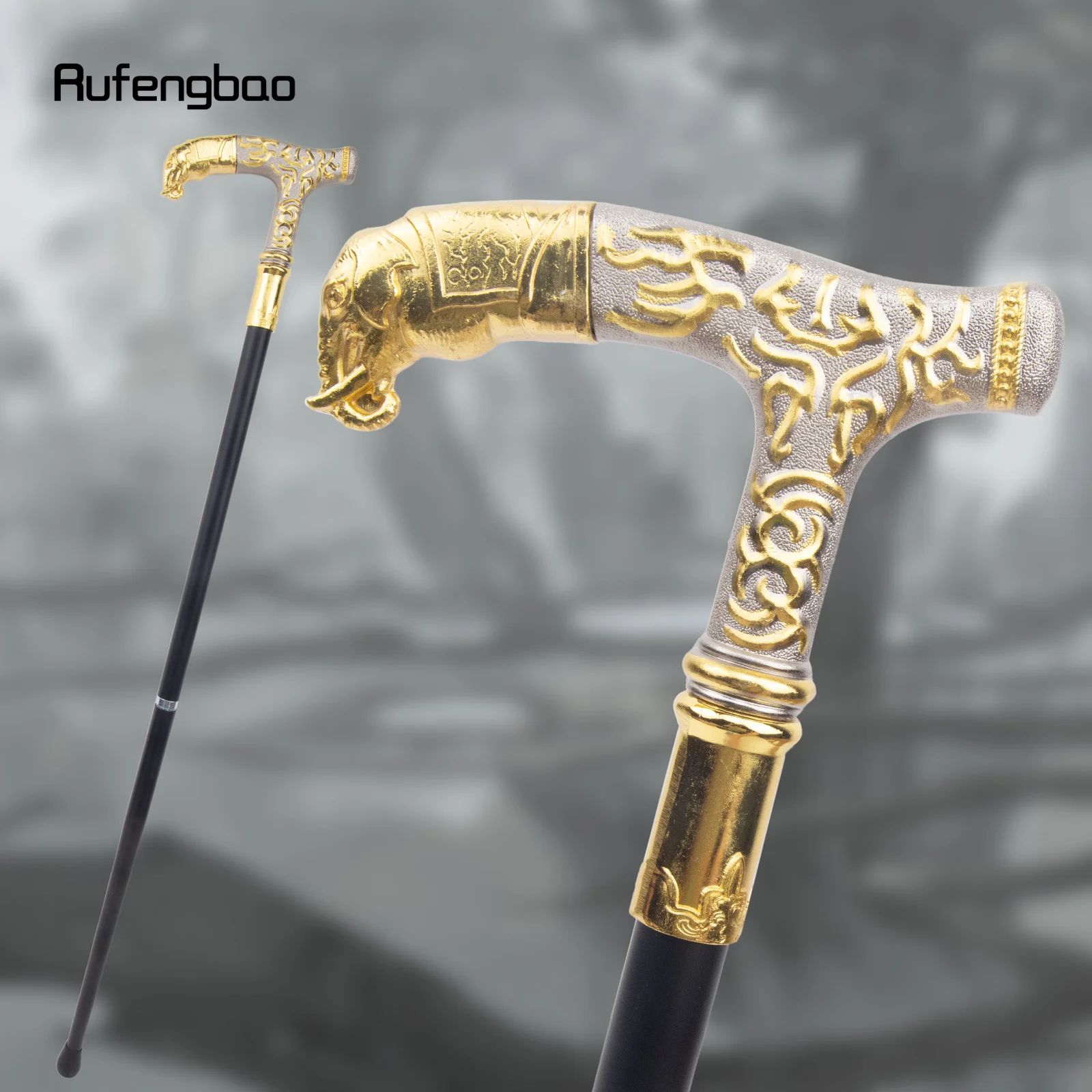 Golden White Elephant Handle Luxury Pattern Walking Stick Fashion Walking Stick Cane Knob Crosier Performance Stage Cane 93cm