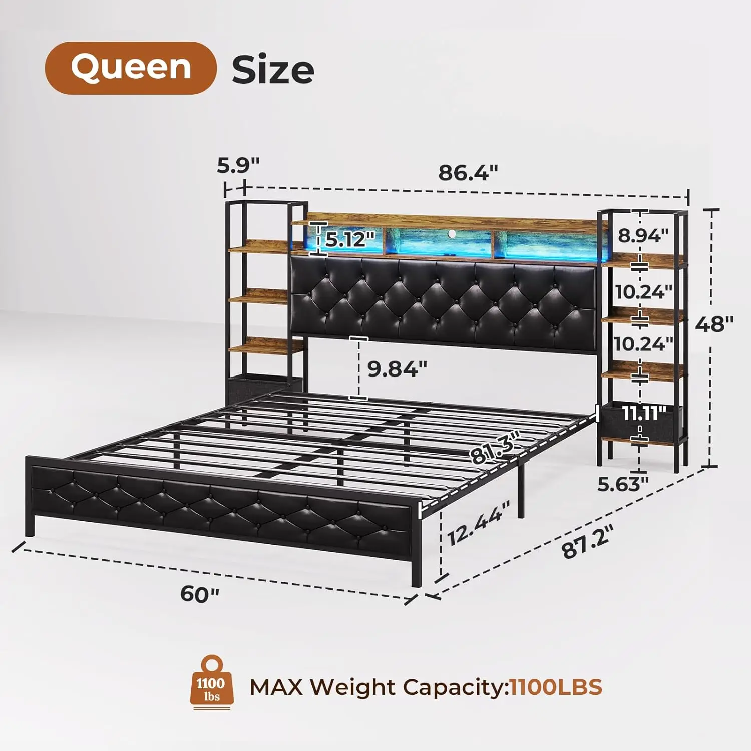 Каркас кровати размера «queen-size» с изголовьем для хранения вещей и светодиодной подсветкой. Кровать размера «queen-size» с металлической платформой и зарядной станцией, черный