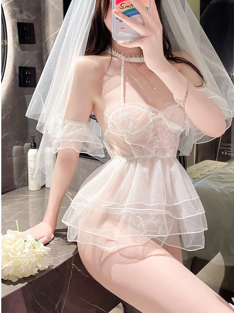 

New Style Sexy Fun Lingerie Slim Uniform Soft Wedding Mini Dress Sheer Passion Gauze Charm Elegant Erotic Fashion Tops 1D8P