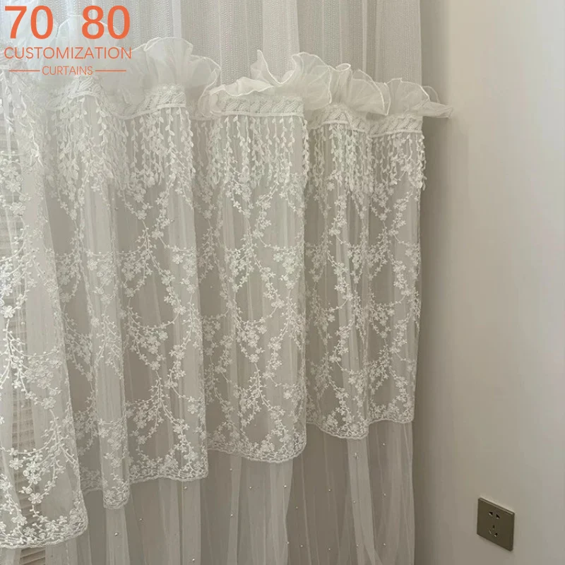 New Lace Lace Lace Hollow Pearl Splicing Window Screen Curtains for Living Room Bedroom Balcony Bay Window Customization