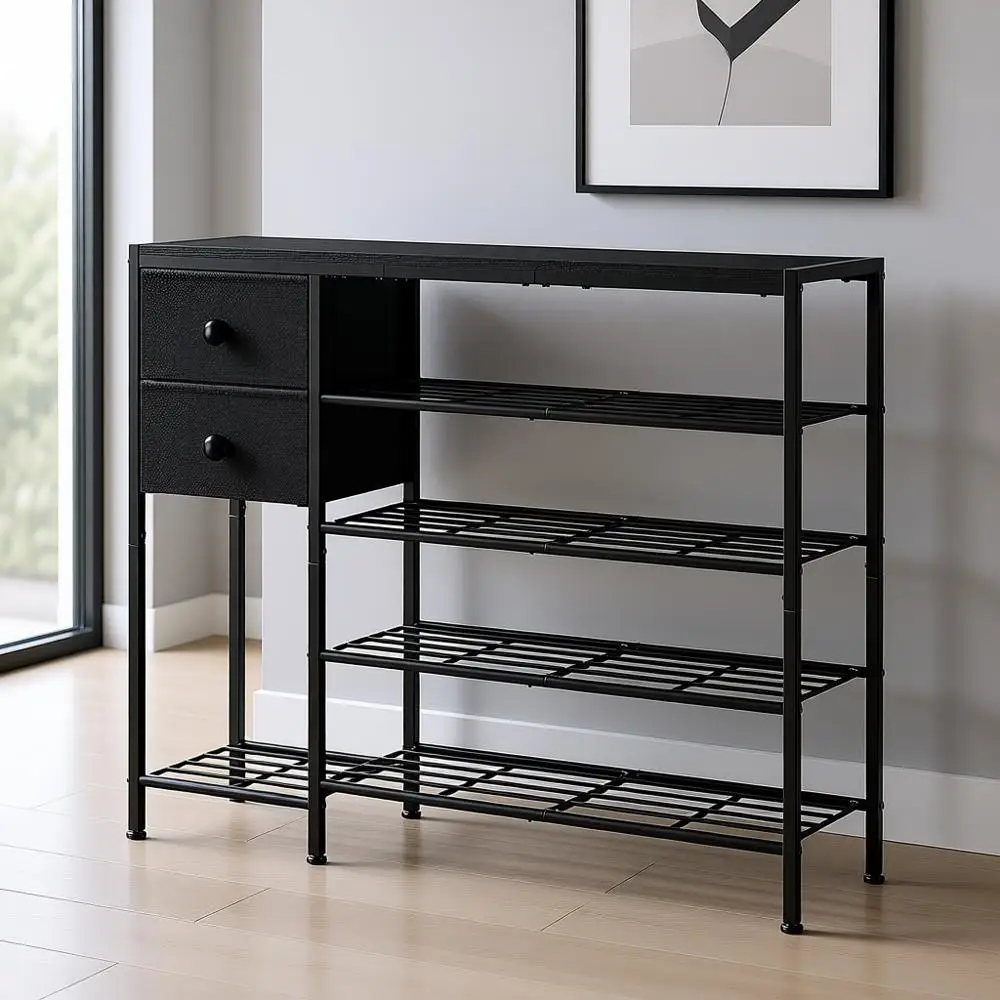

5-ярусная тканевая и металлическая полка для обуви на 16-20 пар, органайзер с деревянными полками и местом для хранения сапог для прихожей