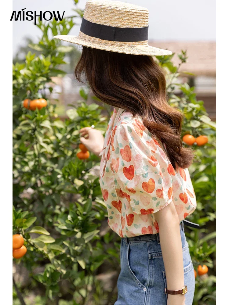 MISHOW Korean Chic Fashion Women Stylish Blouses Summer French Sweet Retro Floral Polo-neck Puff Sleeves Tops MXB27C0450