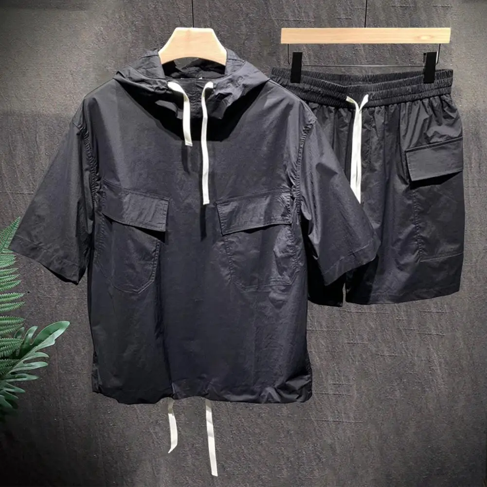 Drawstring Hood Outfit Men's Summer Casual Outfit Hooded Drawstring Tops Elastic Waist Shorts Set Solid Color Wide Leg Cargo