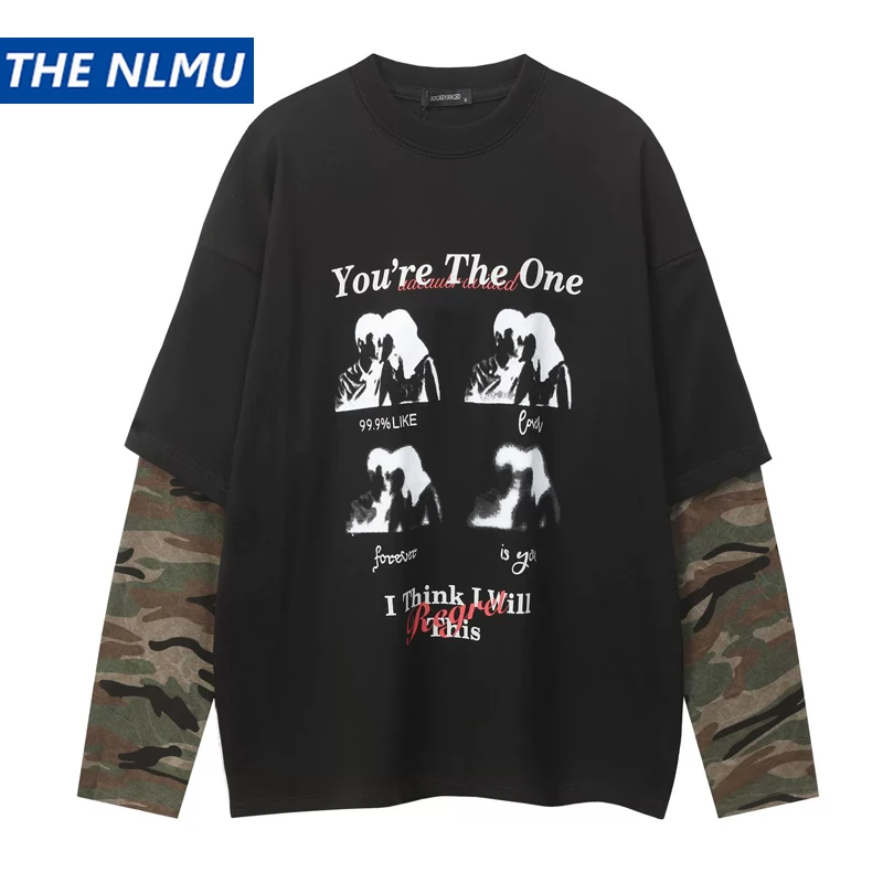 

Vintage Long Sleeve T Shirt Men's Fake Two Tshirt Streetwear Y2K Harajuku Retro Printed T-shirt Cotton Loose Tops