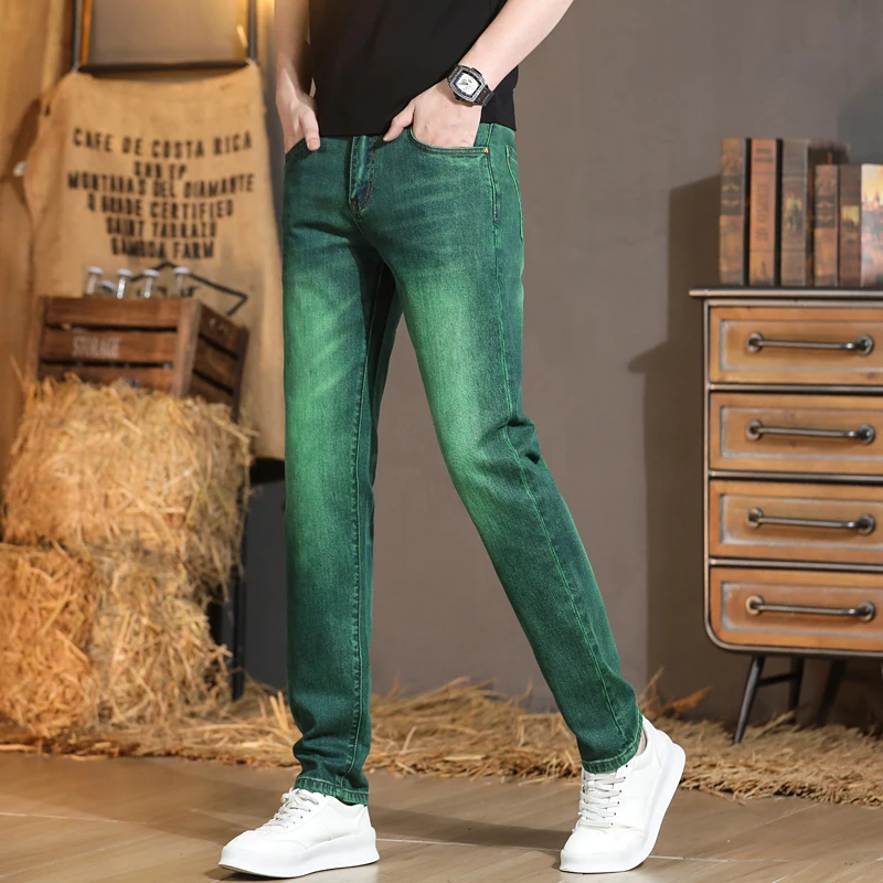 Lichte Luxe Herenkleding Zomermodetrends Groene Vervaagde Vintage Stretch Slanke Casual High-End Jeans Heren