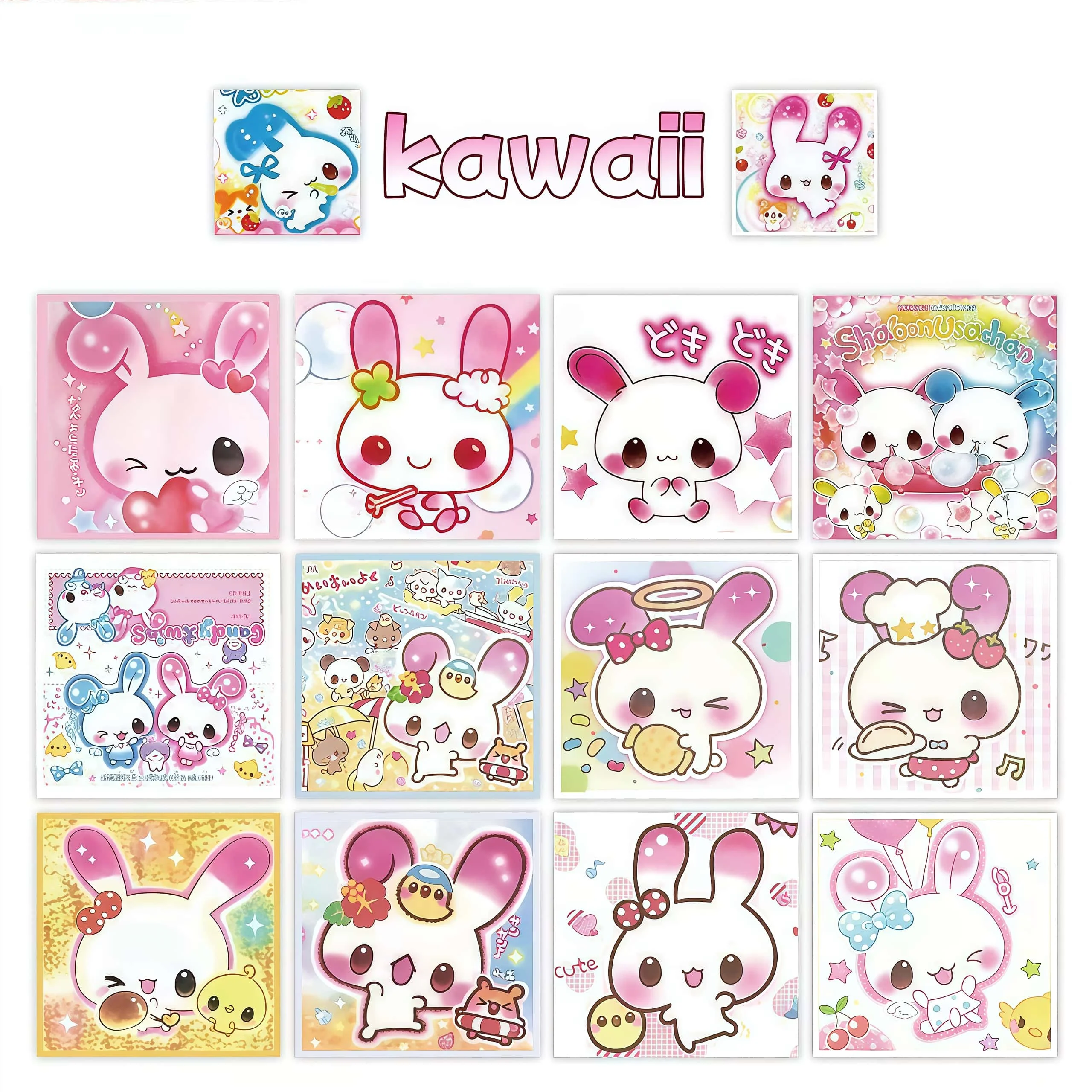 500Pcs Cute Pink Bubble Rabbit Square Sticker Roll, Retro Kawaii Bunny Multi Expression Labels for Packaging Journal Scrapbook