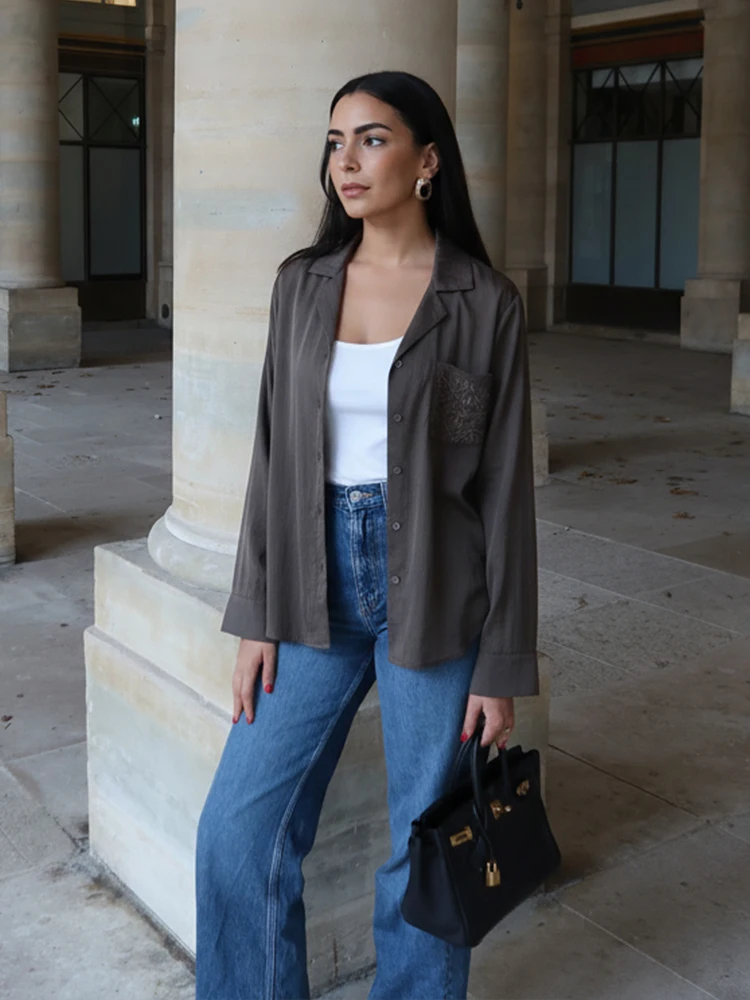 HH printemps femmes décontracté Simple chemises 2026 femme élégante poche broderie décoré à manches longues Blouses amples hauts de rue