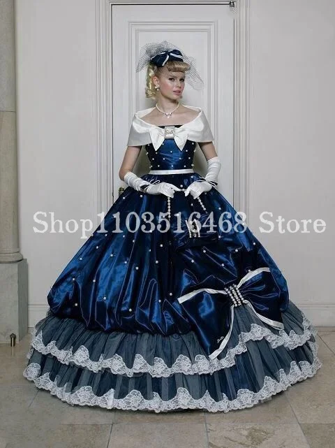 Navy blue Victorian Prom Dress Dreamy bow tie beaded appliqué Elegant duchess Medieval masquerade robes de soirée