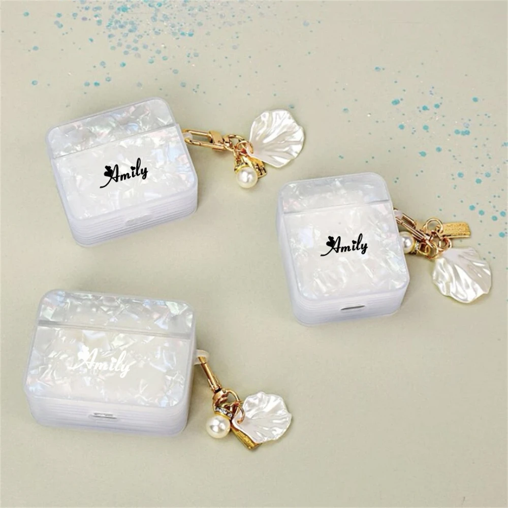 맞춤형 이름 글자 럭셔리 화이트 쉘 패턴 이어폰 케이스, 에어팟 1, 2, 3 프로 2 DIY, 비드 펜던트 포함