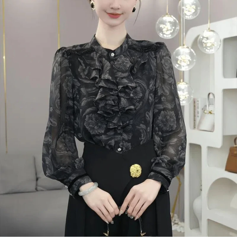 

Shirt for Early Autumn New Women's Clothing Light Luxury High-endage Reducing Western-style Gray Design Slim Long Sleeved Top