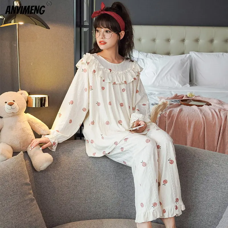 Europe Court Style Cotton Pajamas Set for Women Elegant Lady\'s Delicate Sleepwear Ruffle Neck Cute Bow Girls Pijamas Loungewear