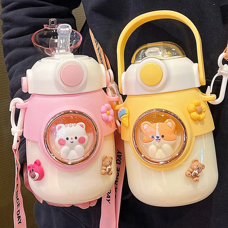 Cute Kids Water Bottles With Straw For Girls Children\'s 820ml Large Capacity Kawaii Cartoon Student School Travel Water Cup